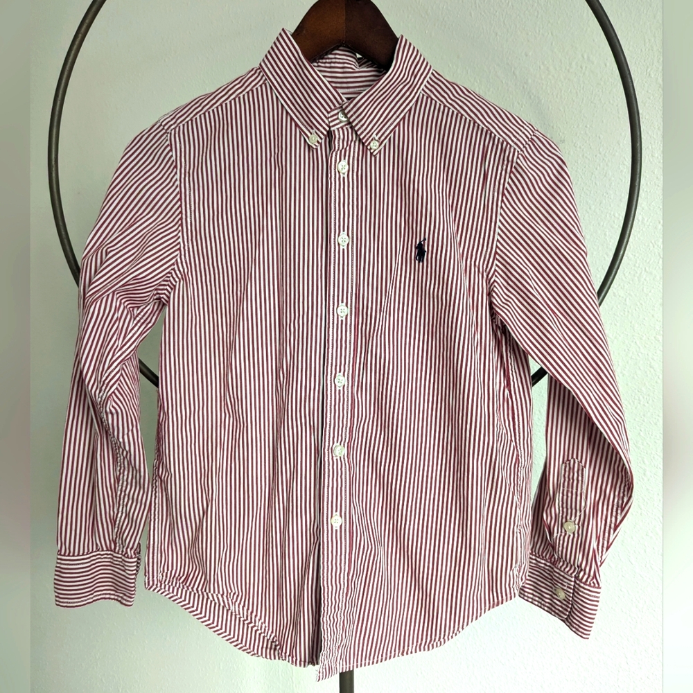 Boys Red White Stripe Polo Ralph Lauren Button Up Holiday Shirt Sz M 10/12